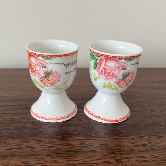 MEVIS LINE Floral Rose Soft Boiled Egg Cups Porcelain Set Of 2 cottage Shabby - Picture 5 of 13